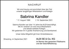 Traueranzeige Sabrina Kandler