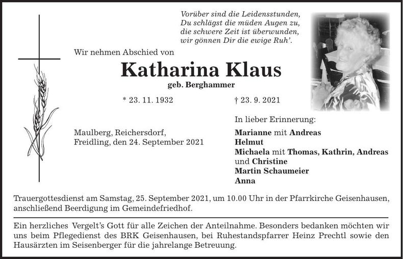 Traueranzeige Katharina Klaus