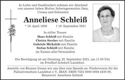 Traueranzeige Anneliese Schleiß