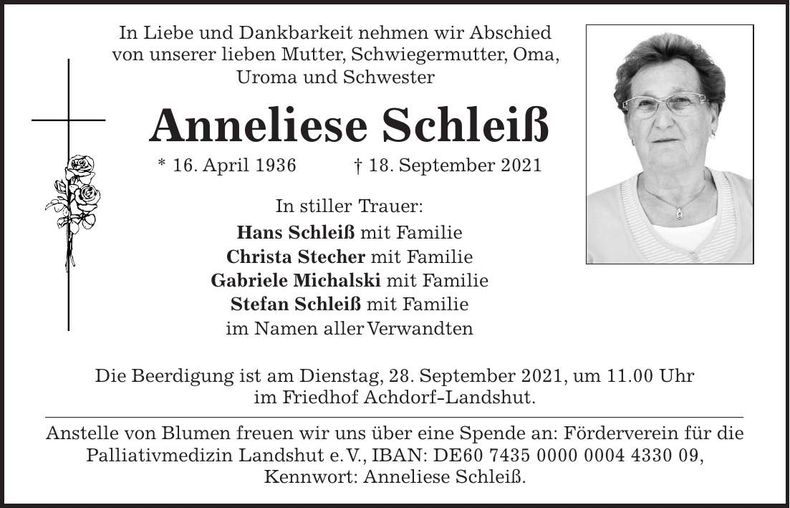 Traueranzeige Anneliese Schleiß