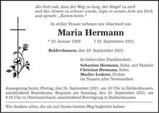 Traueranzeige Maria Hermann