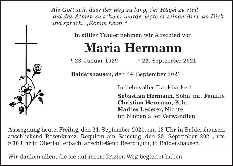 Traueranzeige Maria Hermann