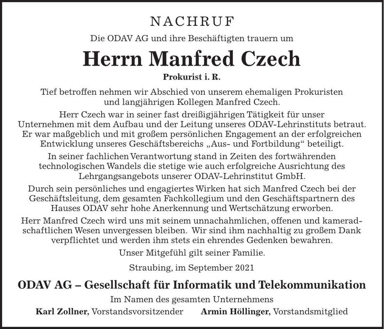 Traueranzeige Manfred Czech