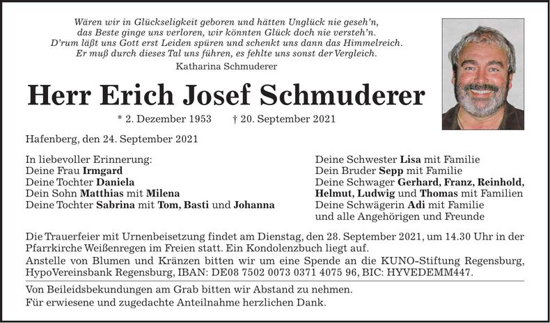 Traueranzeige Erich Josef Schmuderer