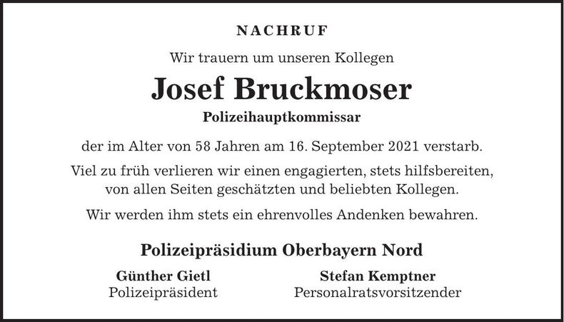 Traueranzeige Josef Bruckmoser