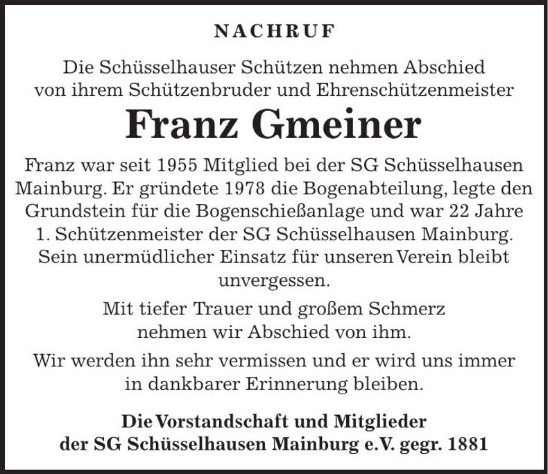 Traueranzeige Franz Gmeiner
