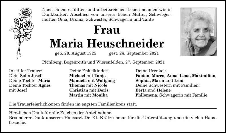 Traueranzeige Maria Heuschneider