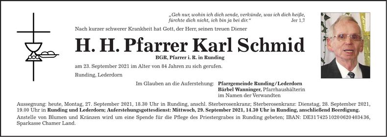 Traueranzeige H. H. Pfarrer Karl Schmid