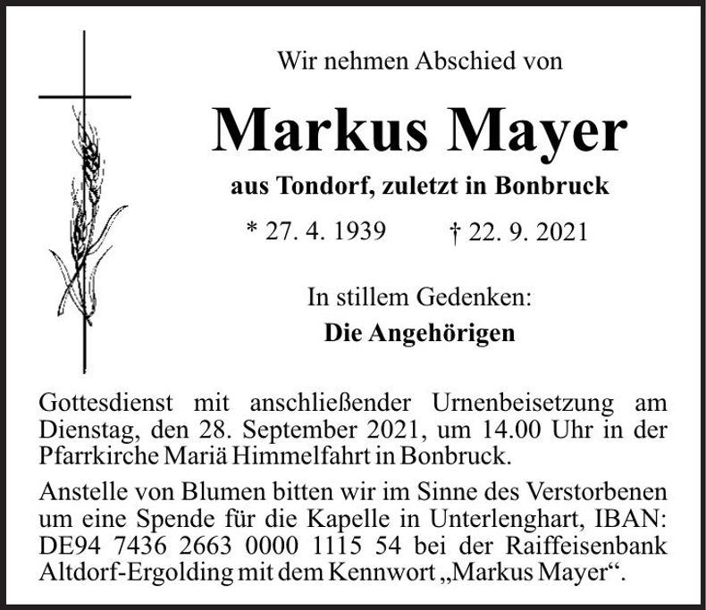 Traueranzeige Markus Mayer