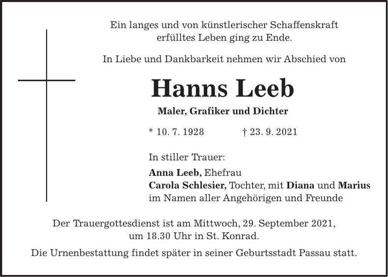 Traueranzeige Hanns Leeb