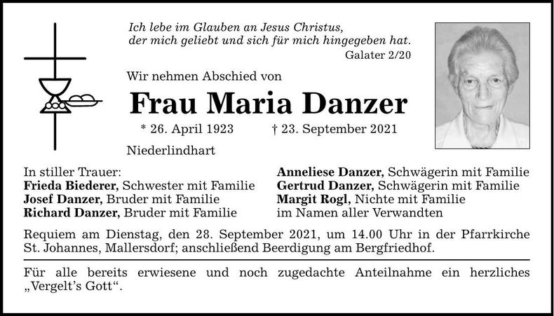 Traueranzeige Maria Danzer