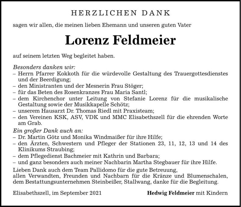 Traueranzeige Lorenz Feldmeier