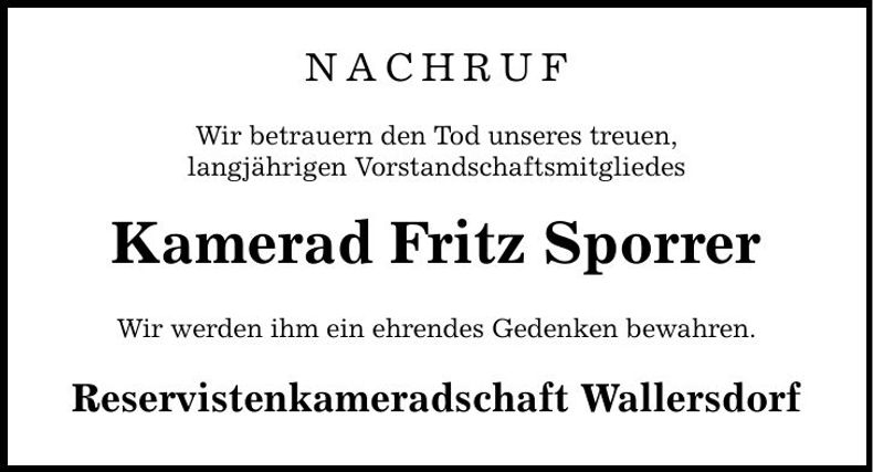 Traueranzeige Fritz Sporrer