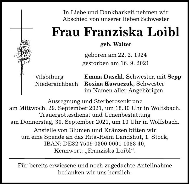 Traueranzeige Franziska Loibl