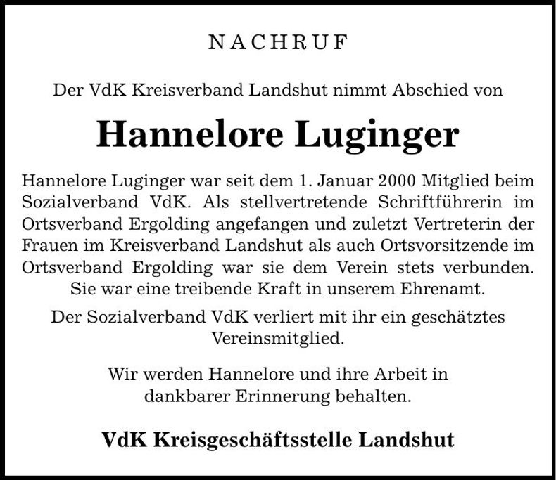 Traueranzeige Hannelore Luginger
