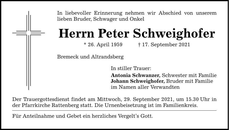 Traueranzeige Peter Schweighofer