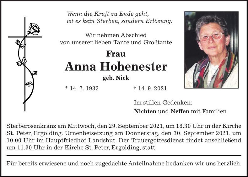 Traueranzeige Anna Hohenester