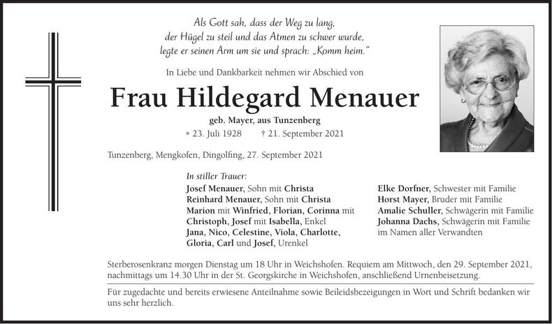 Traueranzeige Hildegard Menauer