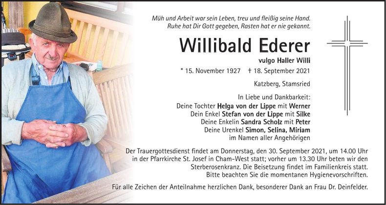 Traueranzeige Willibald Ederer