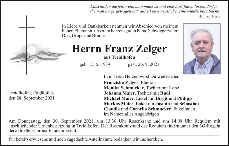 Traueranzeige Franz Zelger