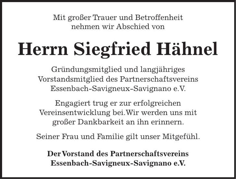 Traueranzeige Siegfried Hähnel