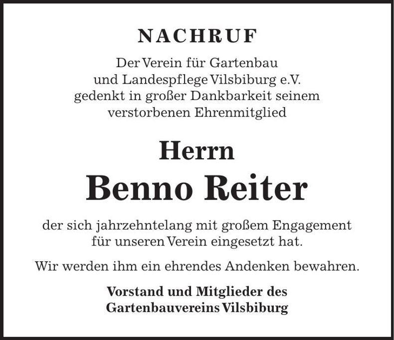 Traueranzeige Benno Reiter