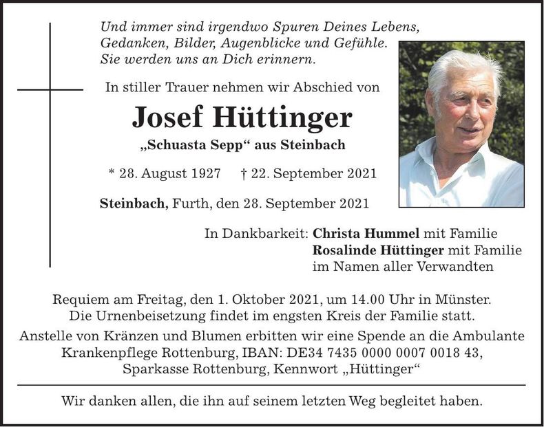 Traueranzeige Josef Hüttinger