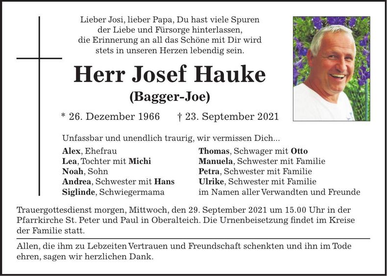 Traueranzeige Josef Hauke