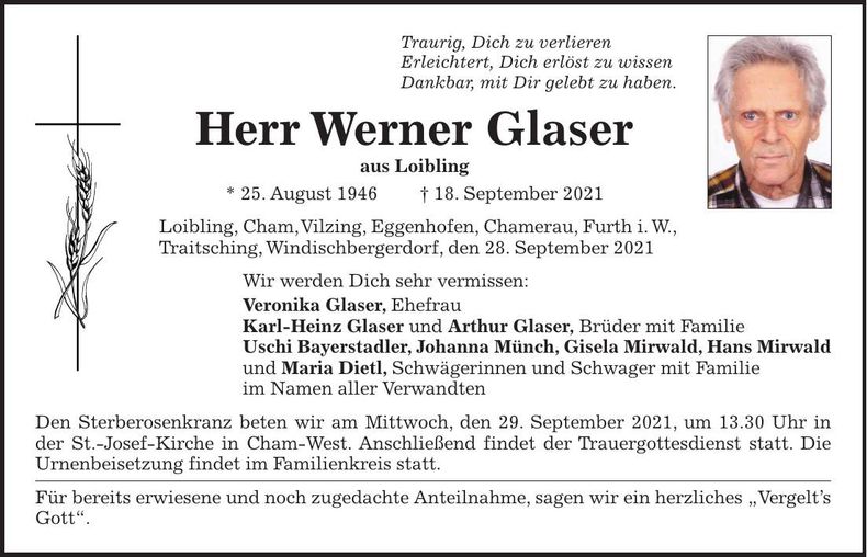 Traueranzeige Werner Glaser