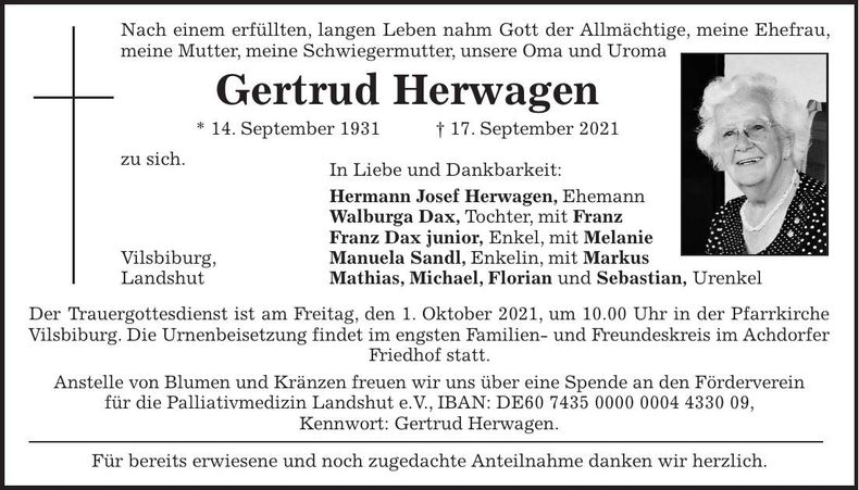 Traueranzeige Gertrud Herwagen