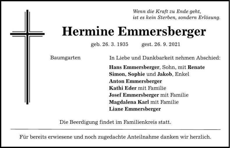 Traueranzeige Hermine Emmersberger