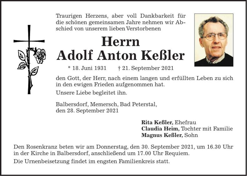 Traueranzeige Adolf Anton Keßler