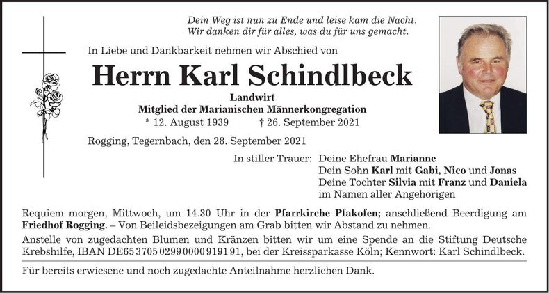 Traueranzeige Karl Schindlbeck