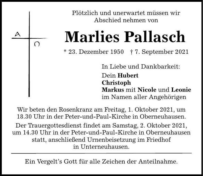 Traueranzeige Marlies Pallasch
