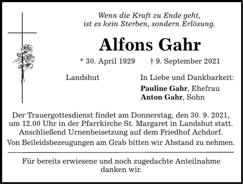 Traueranzeige Alfons Gahr