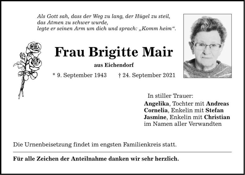 Traueranzeige Brigitte Mair