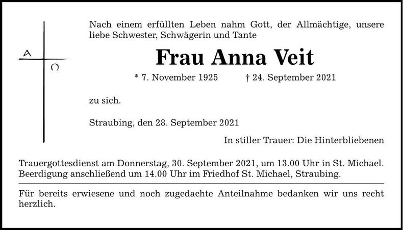 Traueranzeige Anna Veit
