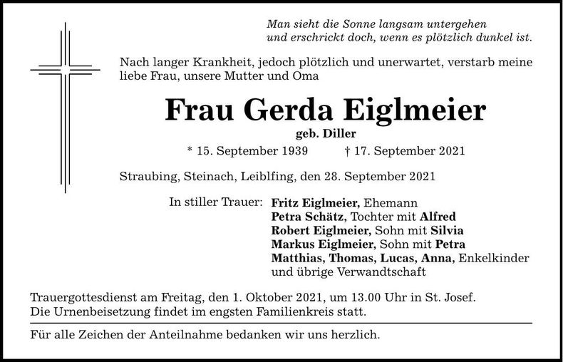 Traueranzeige Gerda Eiglmeier