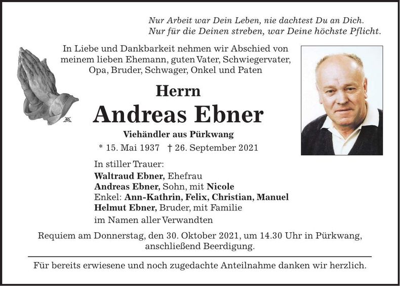 Traueranzeige Andreas Ebner