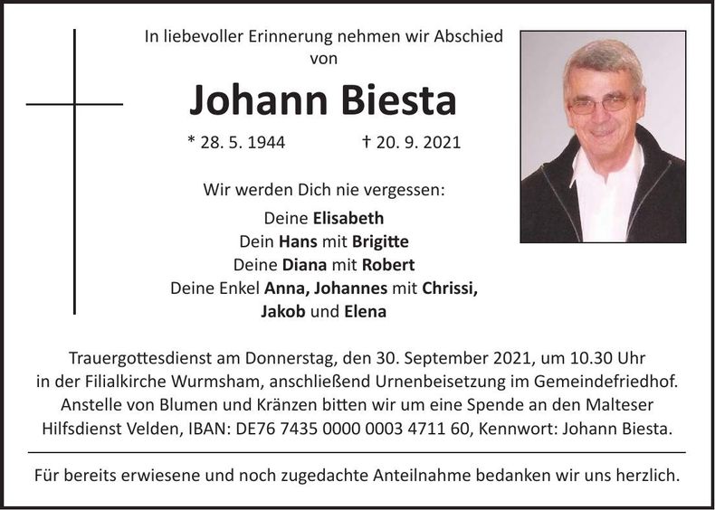 Traueranzeige Johann Biesta
