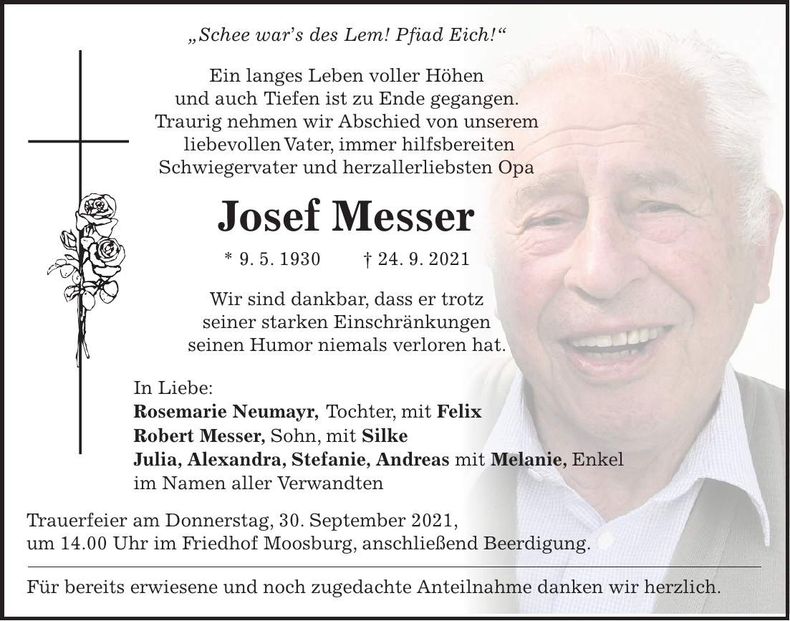 Traueranzeige Josef Messer