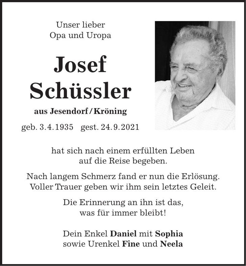 Traueranzeige Josef Schüssler