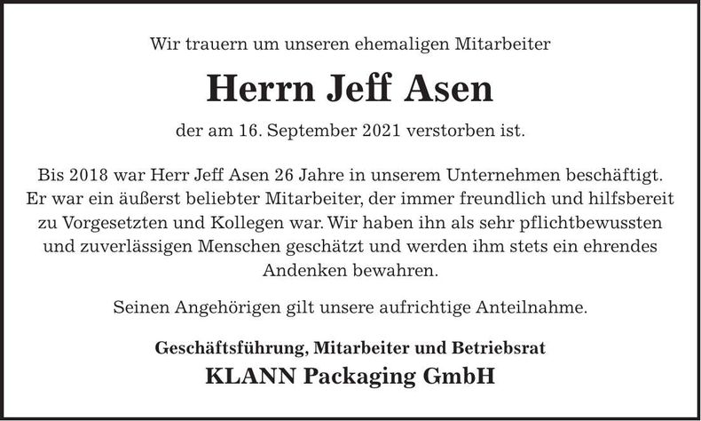 Traueranzeige Jeff Asen