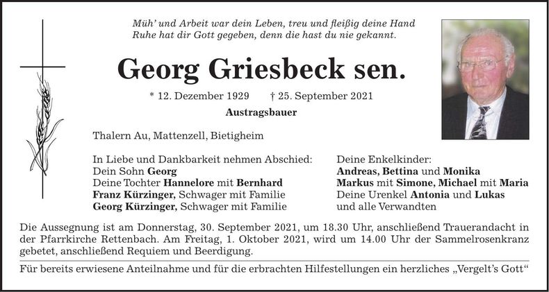 Traueranzeige Georg Griesebeck