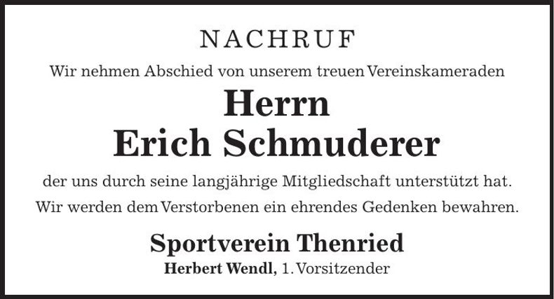 Traueranzeige Erich Schmuderer