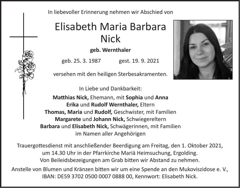 Traueranzeige Elisabeth Maria Barbara Nick
