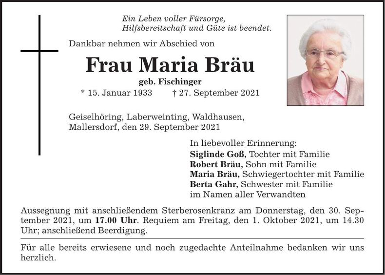 Traueranzeige Maria Bräu