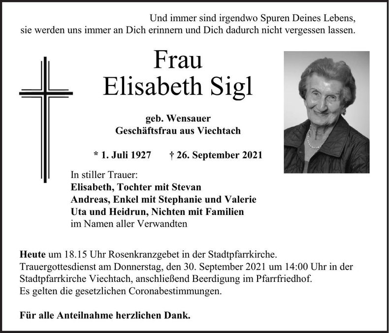 Traueranzeige Elisabeth Sigl