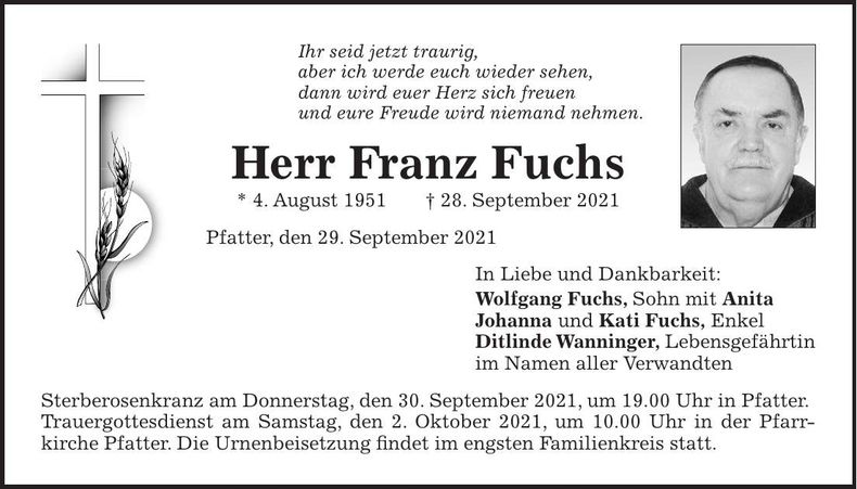 Traueranzeige Franz Fuchs