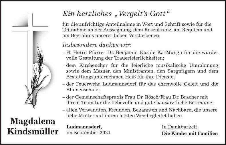 Traueranzeige Magdalena Kindsmüller